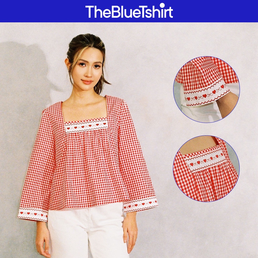 TheBlueTshirt - Áo kiểu caro kẻ sọc tay dài cổ chữ U thêu hoạt tiết cho nữ - Jo Blouse