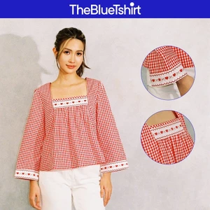 TheBlueTshirt - Áo kiểu caro kẻ sọc tay dài cổ chữ U thêu hoạt tiết cho nữ - Jo Blouse