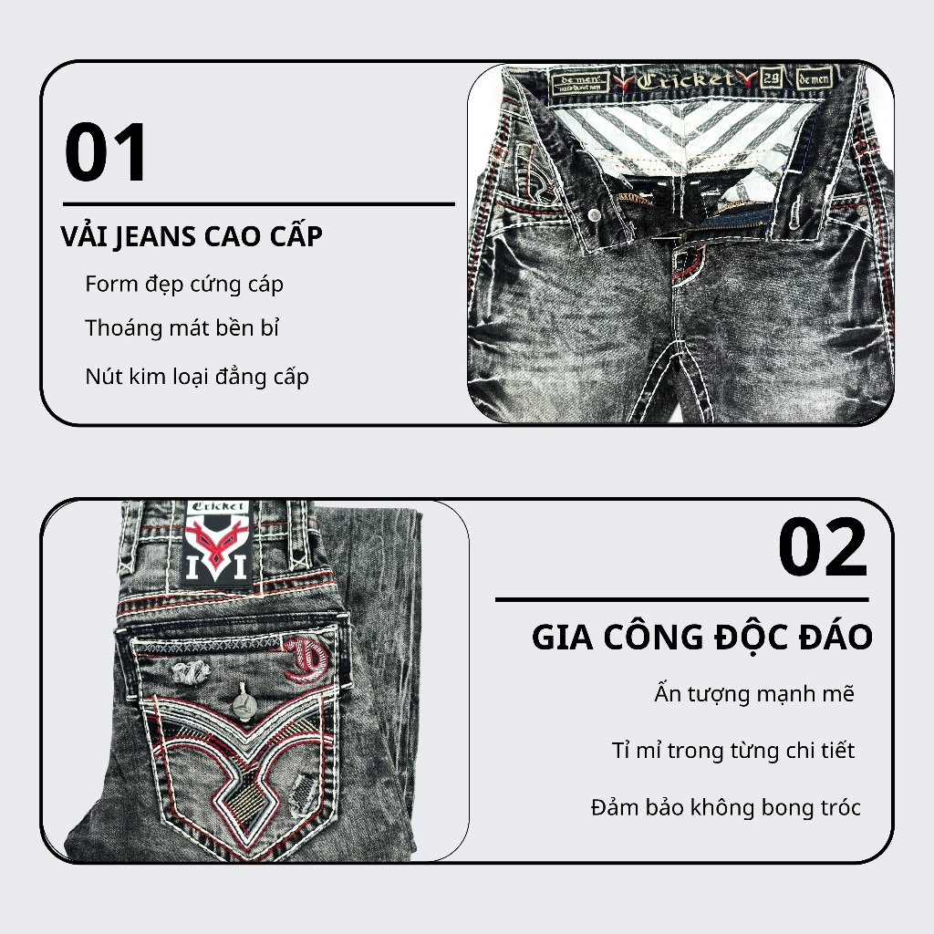 Quần Jean Rock Nam Cao Cấp Thêu Họa Tiết Xám Chỉ Trắng Form Slimfit Tôn Dáng Nút Kim Loại Cao Cấp D4
