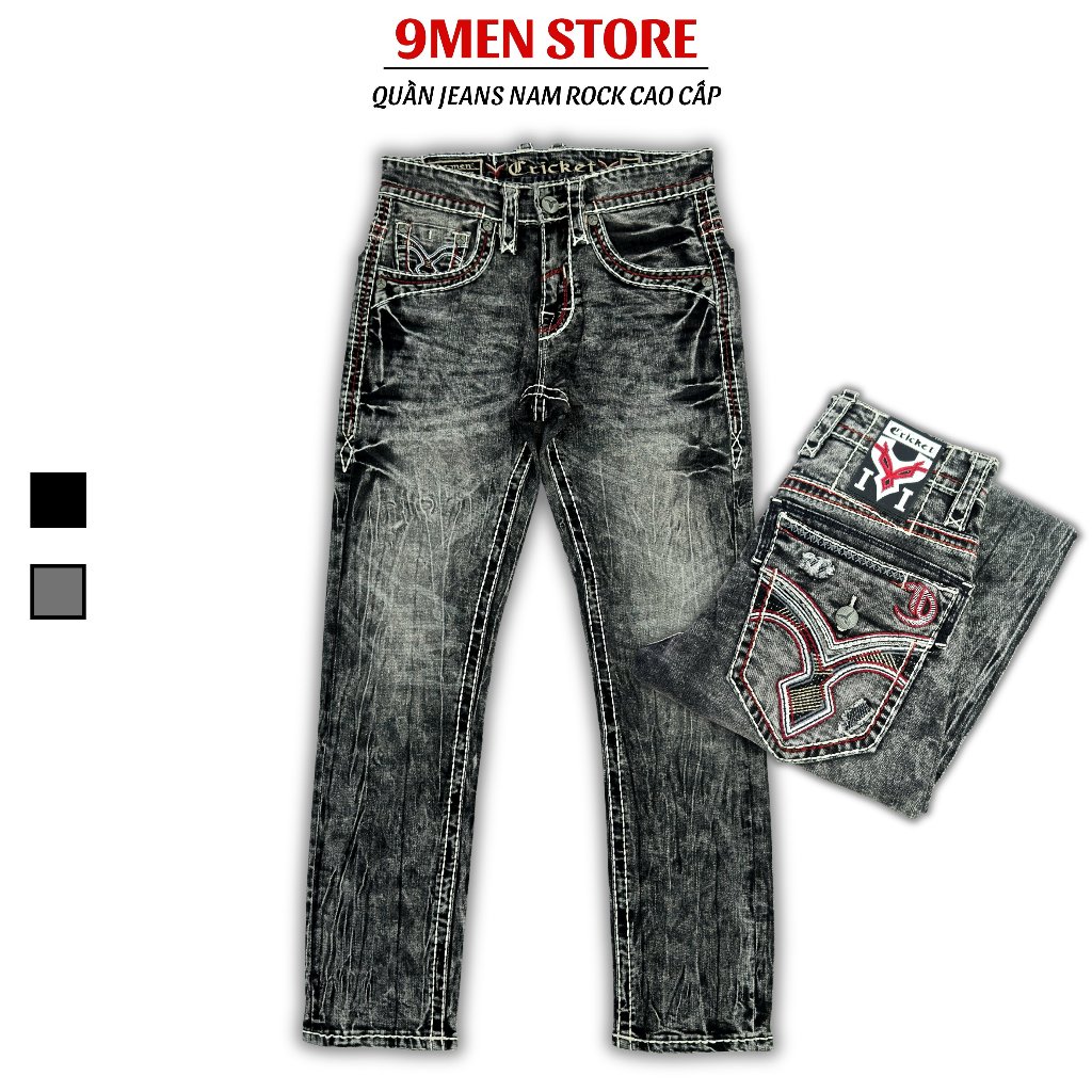Quần Jean Rock Nam Cao Cấp Thêu Họa Tiết Xám Chỉ Trắng Form Slimfit Tôn Dáng Nút Kim Loại Cao Cấp D4