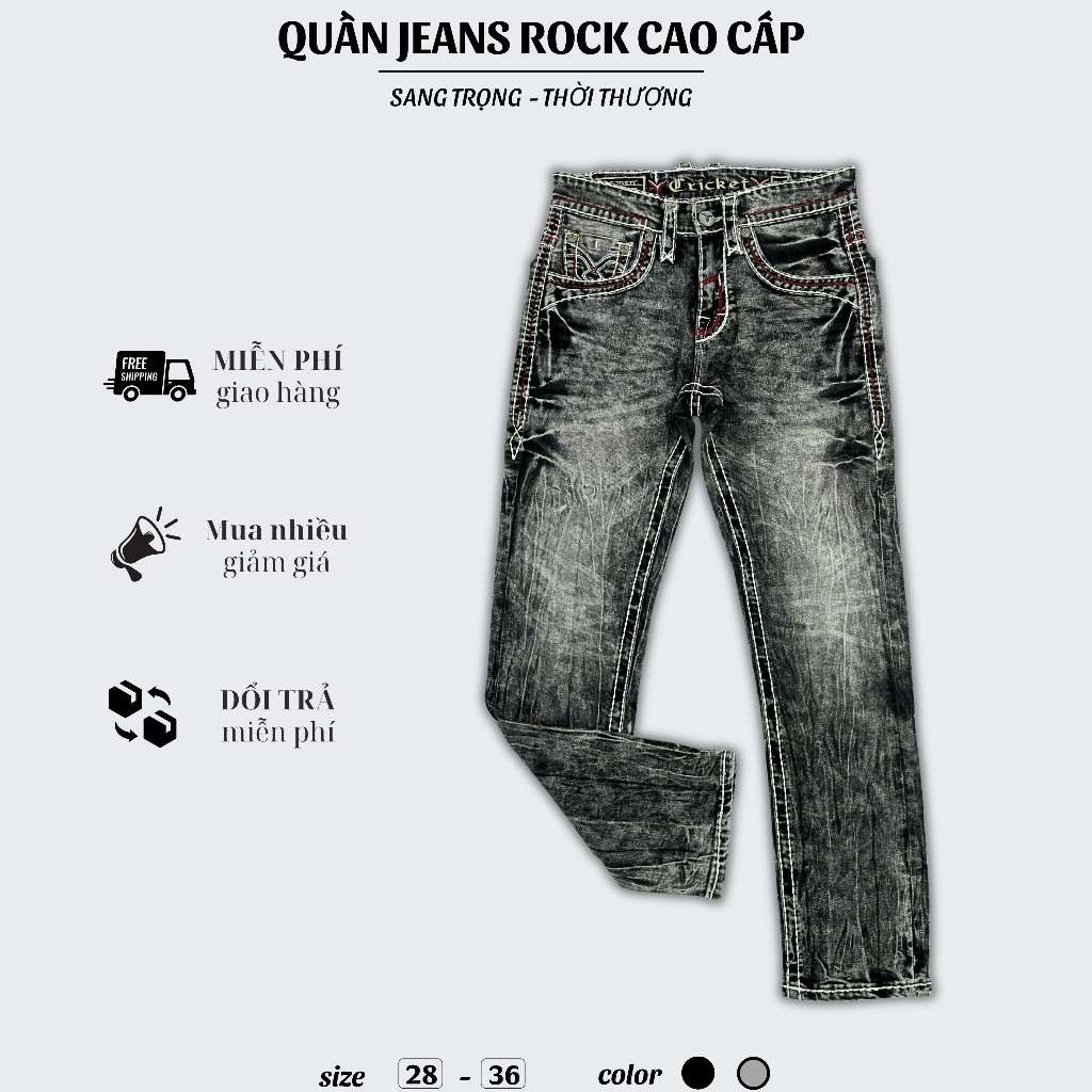 Quần Jean Rock Nam Cao Cấp Thêu Họa Tiết Xám Chỉ Trắng Form Slimfit Tôn Dáng Nút Kim Loại Cao Cấp D4