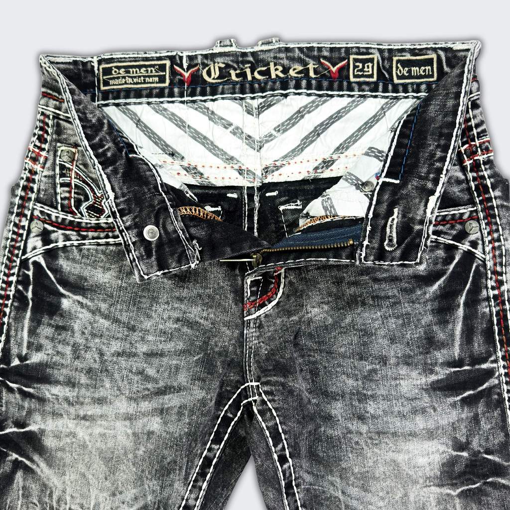 Quần Jean Rock Nam Cao Cấp Thêu Họa Tiết Xám Chỉ Trắng Form Slimfit Tôn Dáng Nút Kim Loại Cao Cấp D4