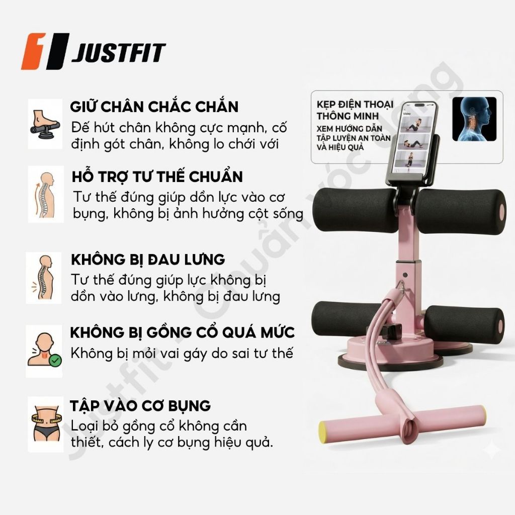 Dụng Cụ Tập Cơ Bụng Nâng Cấp Tại Nhà Đế Hút Chân Không Trụ Chữ T Kèm Dây Kéo Đàn Hồi 4 Ống JUSTFIT