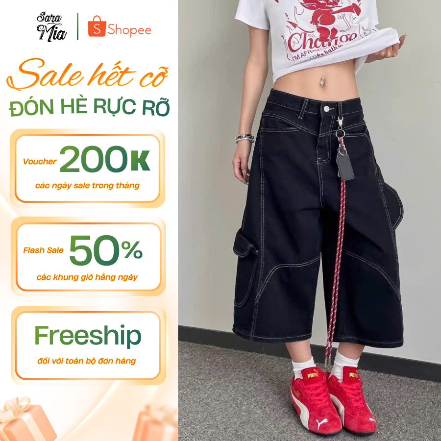 Quần jean nữ dáng lửng ống rộng Saramia quần bò ngố vải denim dài qua gối trend 2026 form retro S11 | BigBuy360 - bigbuy360.vn