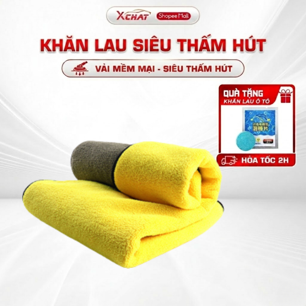 Khăn lau xe ô tô cao cấp XCHAT 2 mặt 2 lớp thấm hút mạnh, sạch, an toàn bề mặt xe