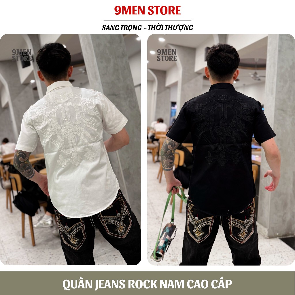 Quần Jean Rock Nam Cao Cấp Thêu Họa Tiết Xám Chỉ Trắng Form Slimfit Tôn Dáng Nút Kim Loại Cao Cấp D4