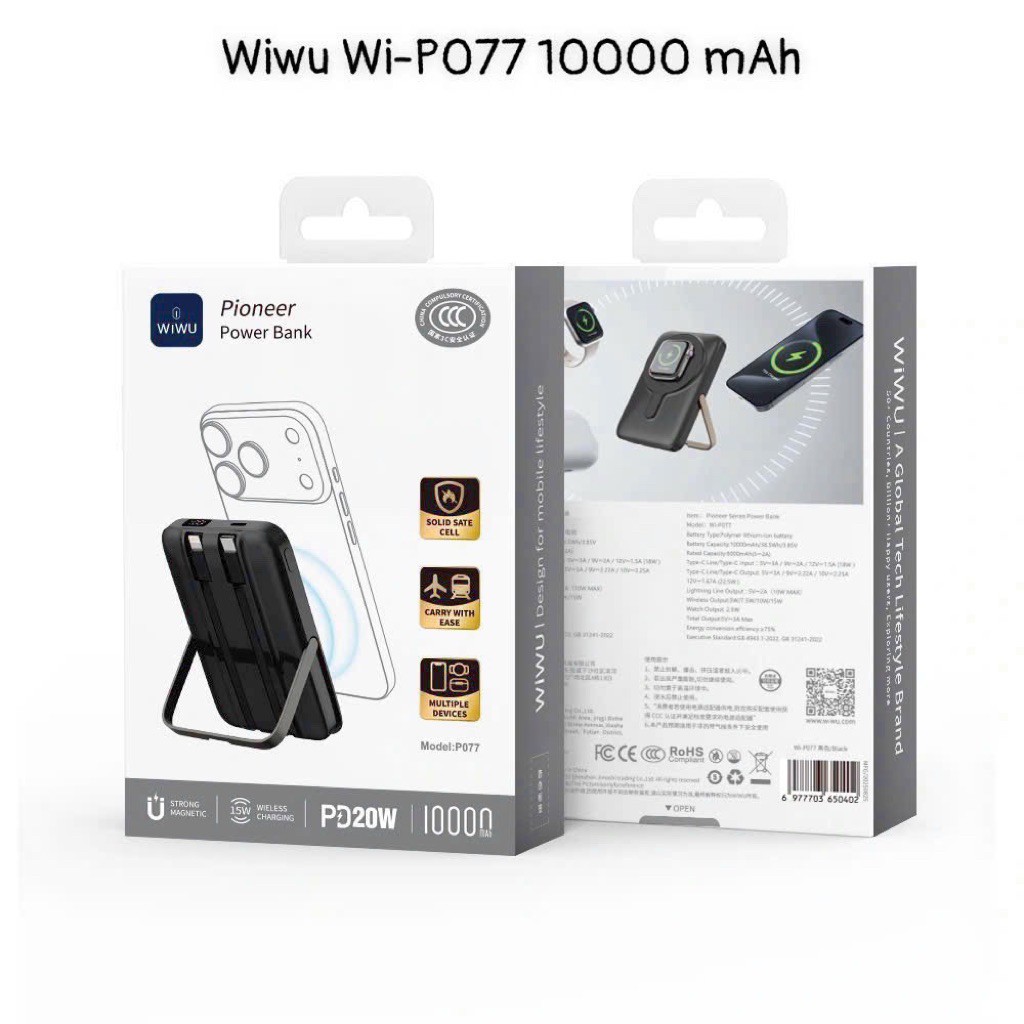 [Chính Hãng] Pin Sạc Dự Phòng 10000mAh WIWU Wi-P077 Từ Tính - Pin Thể Rắn Chống Cháy Nổ, Tích Hợp Cáp Đôi & Chân Đế