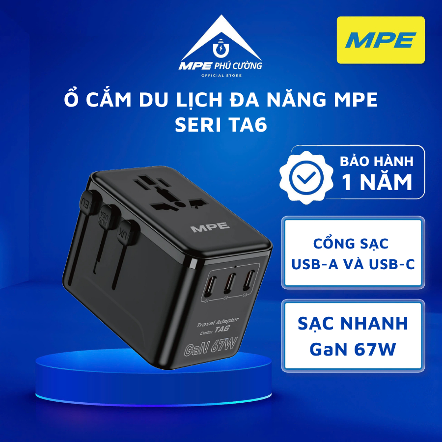 Ổ cắm du lịch MPE đa năng, cổng USB-C, USB-A, sạc nhanh GaN 140/100/67W seri TA8, TA7, TA6, sử dụng được nhiều quốc gia