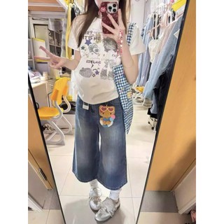Áo Baby Tee Cổ Tròn Phối Họa Tiết Hình Cô Bé Hoạt Hình Ngôi Sao Trung Sành Điệu Chất Liệu Cotton Thoáng Mát Mềm Mịn