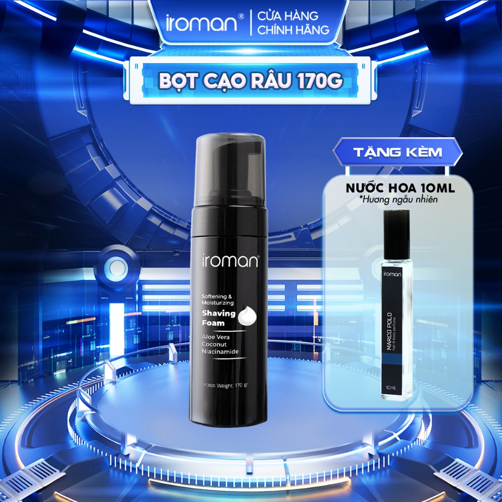 Bọt Cạo Râu IROMAN Cao Cấp Cho Nam Chiết Xuất Thiên Nhiên Giúp Mềm Râu Nhanh, Dưỡng Ẩm Da, Hỗ Trợ Giảm Kích Ứng - 170G