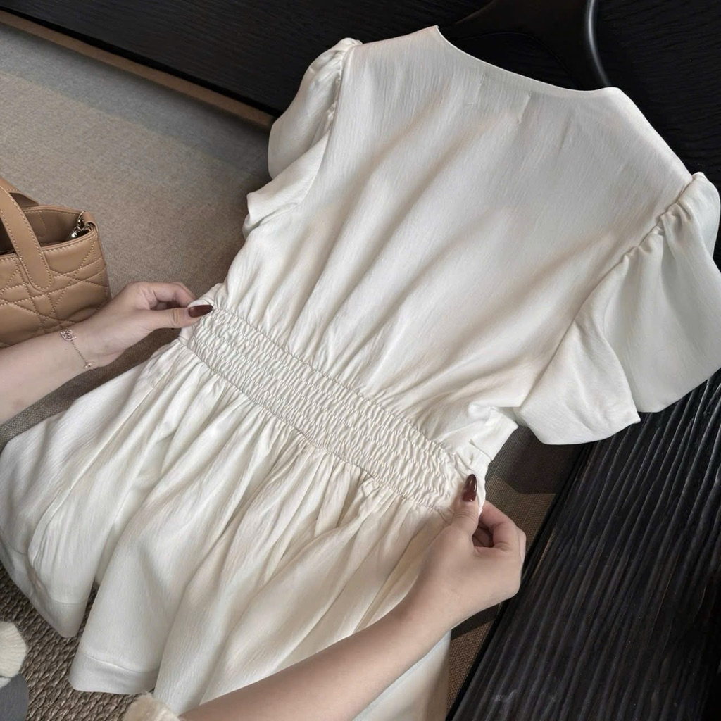 Váy dự tiệc cổ V tay bồng phối nơ sang chảnh , Đầm thiết kế dáng xoè tiểu thư sang chảnh mặc đi tiệc , đi cafe check in