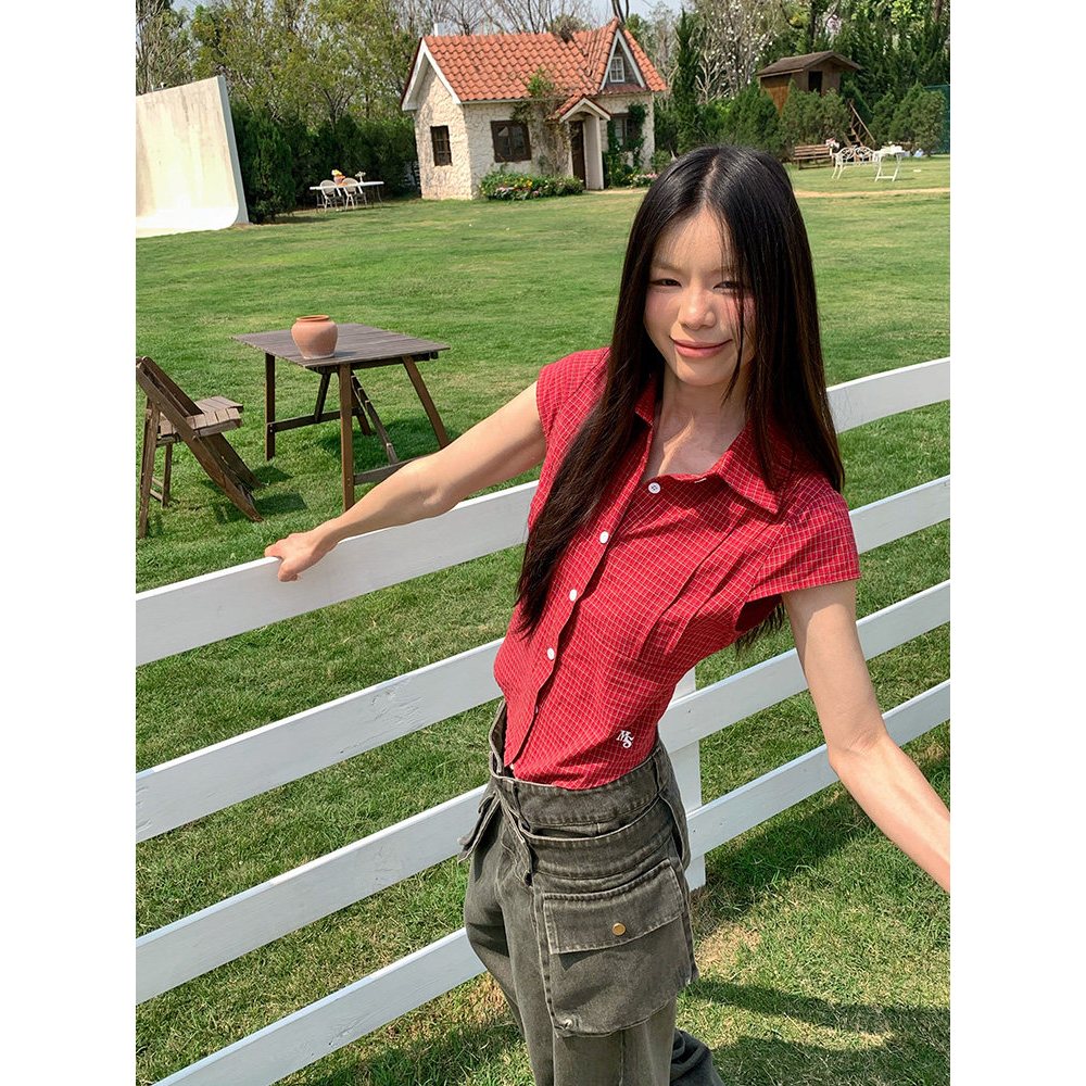 [KH49] Áo Sơ Mi Nữ Tay Cộc Kẻ Caro Đỏ Vintage, Áo Sơ Mi Babytee Tôn Dáng Retro Y2K | Khao Boutique