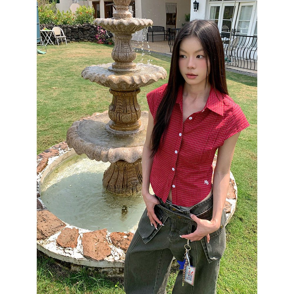 [KH49] Áo Sơ Mi Nữ Tay Cộc Kẻ Caro Đỏ Vintage, Áo Sơ Mi Babytee Tôn Dáng Retro Y2K | Khao Boutique