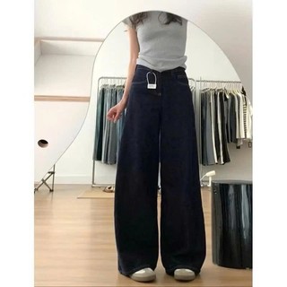 Quần Jeans Nữ Ống Rộng Xanh Đậm Cạp Cao Tôn Dáng, Viền Chỉ Nổi Cá Tính