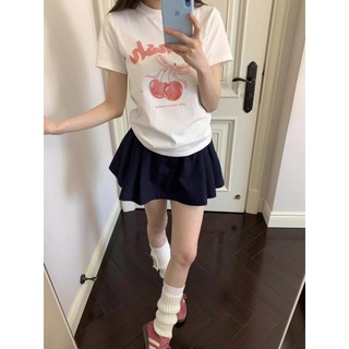 Áo Baby Tee Cổ Tròn Phối Họa Tiết Hình 2 Qủa Cherry Nơ Hồng Trung Sành Điệu Chất Liệu Cotton Thoáng Mát Mềm Mịn