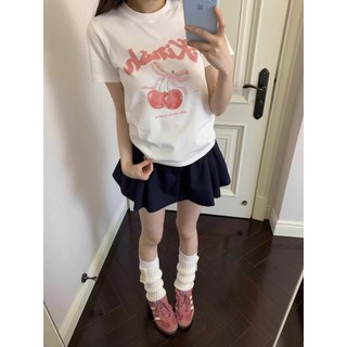 Áo Baby Tee Cổ Tròn Phối Họa Tiết Hình 2 Qủa Cherry Nơ Hồng Trung Sành Điệu Chất Liệu Cotton Thoáng Mát Mềm Mịn