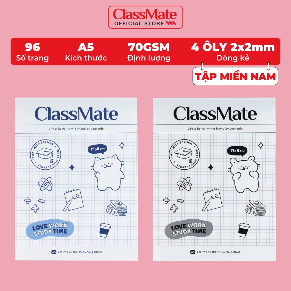 Tập Học Sinh Miền Nam A5 Không Thấm Mực Classmate Vở 4 Ô Ly 70GSM 96 Trang Vở 4 Ô Li 2x2mm Vở Học Sinh Cấp 1 NA5-09-022