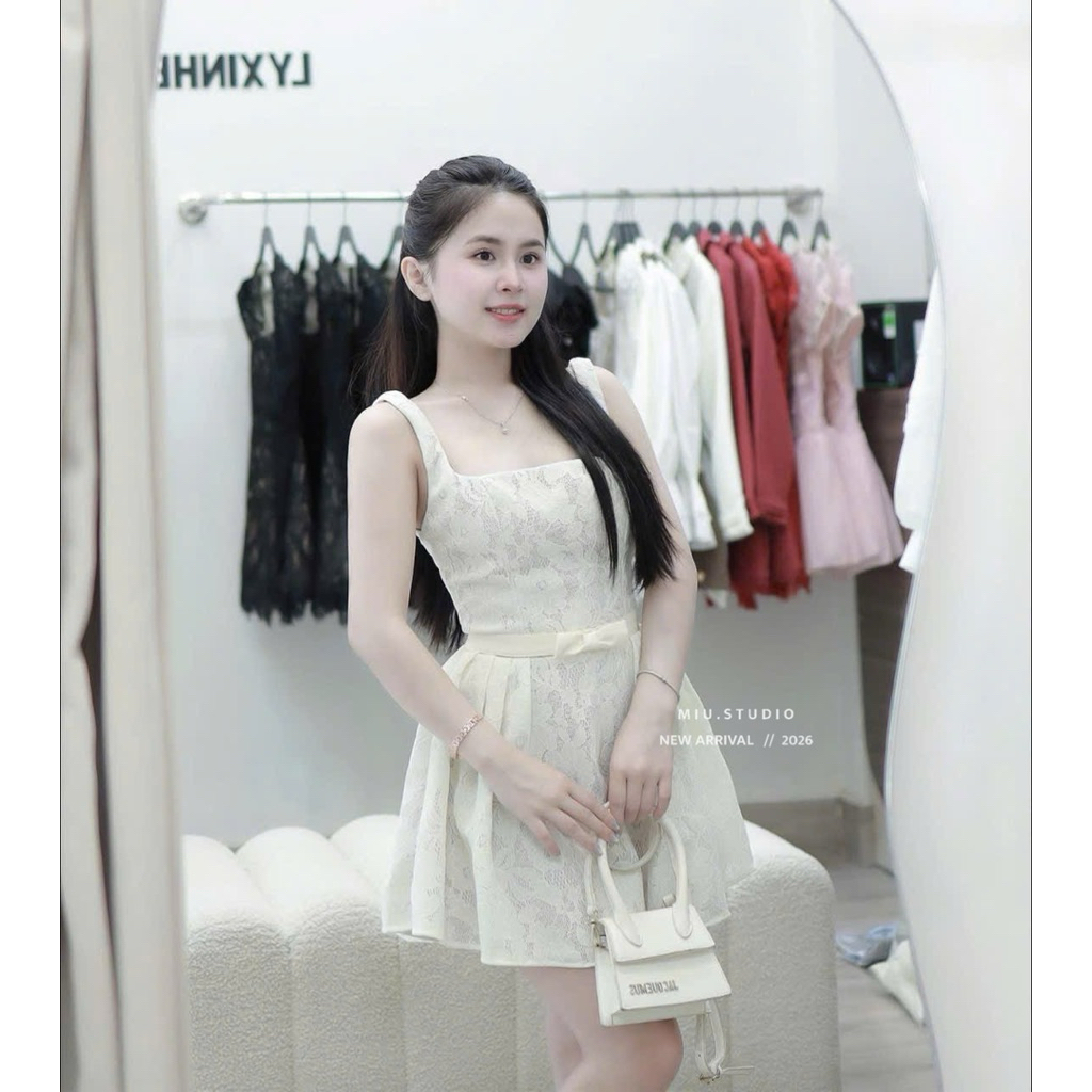 Đầm ren hoa tiểu thư ngắn xoè đính đai nơ ôm eo tôn dáng, Váy TK dáng ngắn 2S cổ vuông mặc đi tiệc,đi sinh nhật,đi chơi