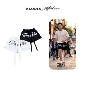 ALODIN.ateider | Quần short SCOOP VIBE dù lì in lụa cao cấp 2 lớp lót lướt form trên gối nam nữ s1