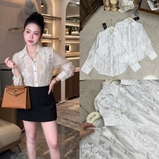 Áo sơ mi thô thiên tơ cổ đức đáp ren dài tay cúc bọc #82167