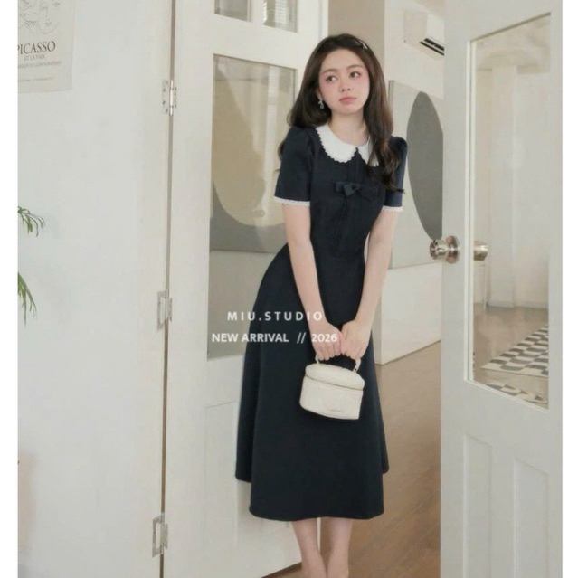 Váy liền thân dáng dài tay ngắn phối cổ sen đính nơ thanh lịch, Đầm thiết kế dáng A dài xoè phù hợp mặc đi làm,dự tiệc
