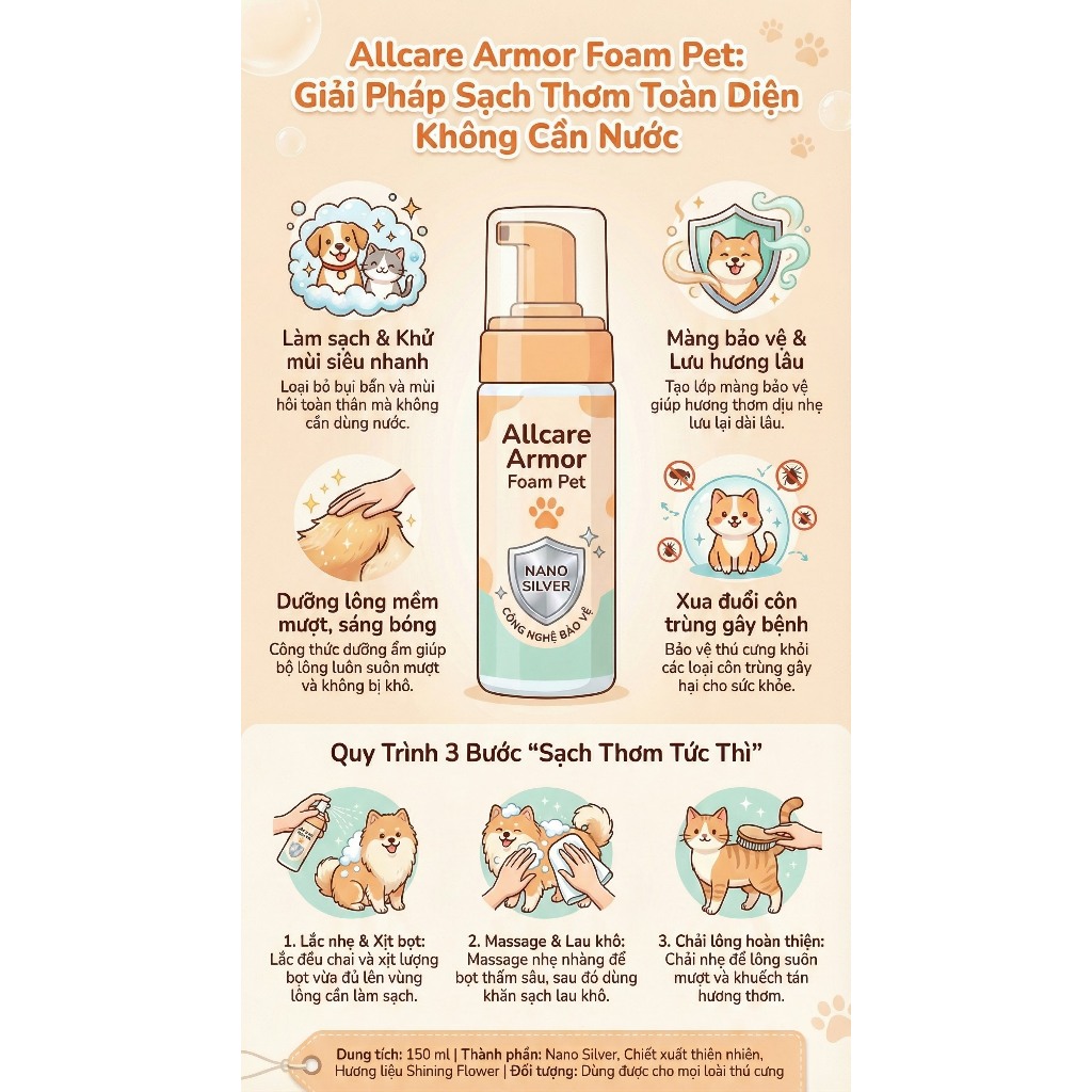 Sữa Tắm Khô Thú Cưng Allcare Armor Foam Pet 150ml – Làm Sạch Nhanh, Khử Mùi, Không Cần Nước, Nano Silver Diệt Khuẩn