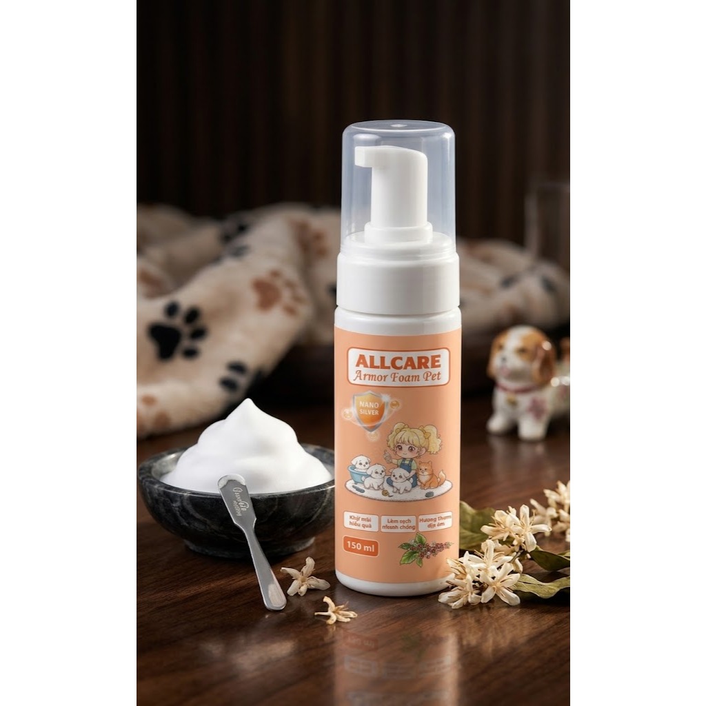 Sữa Tắm Khô Thú Cưng Allcare Armor Foam Pet 150ml – Làm Sạch Nhanh, Khử Mùi, Không Cần Nước, Nano Silver Diệt Khuẩn