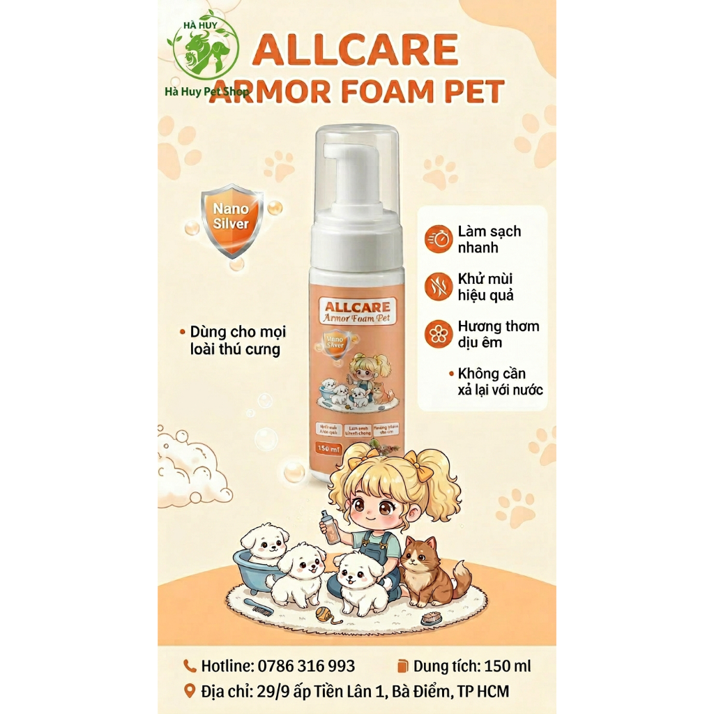Sữa Tắm Khô Thú Cưng Allcare Armor Foam Pet 150ml – Làm Sạch Nhanh, Khử Mùi, Không Cần Nước, Nano Silver Diệt Khuẩn