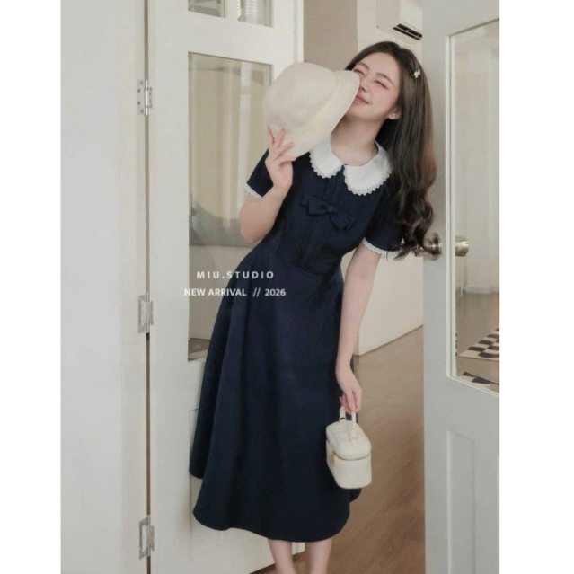 Váy liền thân dáng dài tay ngắn phối cổ sen đính nơ thanh lịch, Đầm thiết kế dáng A dài xoè phù hợp mặc đi làm,dự tiệc