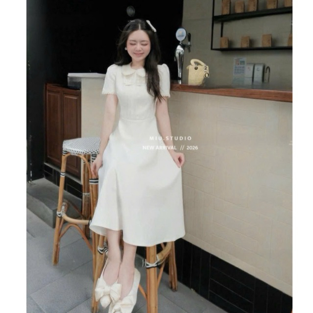 Váy liền thân dáng dài tay ngắn phối cổ sen đính nơ thanh lịch, Đầm thiết kế dáng A dài xoè phù hợp mặc đi làm,dự tiệc