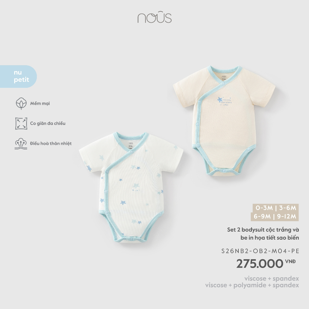 Nous Baby Set 2 bodysuit cộc tay, body chip cài lệch bé trai bé gái in họa tiết mềm mịn cho bé dưới 10.5kg BST T4