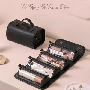 Túi đựng đồ trang điểm da PU gấp gọn tiện lợi, túi đựng đồ makeup 4 ngăn nhỏ tháo rời