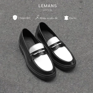 Giày Penny Loafer nam LEMANS màu đen trắng PL01T.1, da bò, đế thơm cao 4cm - Bảo Hành 24 tháng
