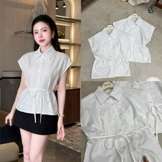 Áo sơ mi thô tay hến cổ đức đáp ren hoa kèm dây buộc eo #6047