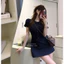 Váy demin cổ sen tay ngắn phối cúc đổ nổi bật style Hàn Quốc sang chảnh , Đầm jean dáng A ngắn xoè đính nơ eo tôn dáng
