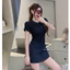 Váy demin cổ sen tay ngắn phối cúc đổ nổi bật style Hàn Quốc sang chảnh , Đầm jean dáng A ngắn xoè đính nơ eo tôn dáng