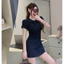 Váy demin cổ sen tay ngắn phối cúc đổ nổi bật style Hàn Quốc sang chảnh , Đầm jean dáng A ngắn xoè đính nơ eo tôn dáng