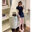 Váy demin cổ sen tay ngắn phối cúc đổ nổi bật style Hàn Quốc sang chảnh , Đầm jean dáng A ngắn xoè đính nơ eo tôn dáng