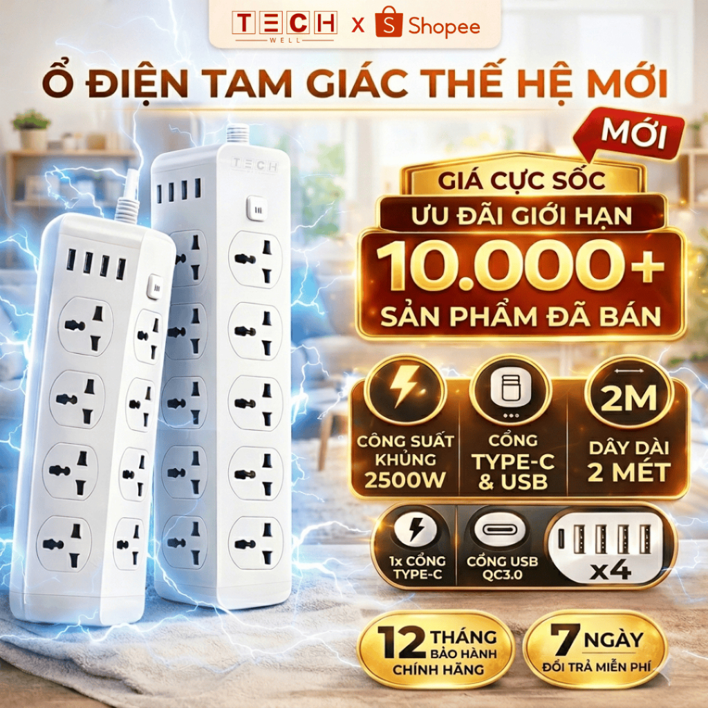 Ổ Cắm Điện Hình Tam Giác, 10 Ổ Cắm 3 USB 1 Sạc Type C, Chịu Tải 3000W, Nhựa PC Cao Chống Giật - 1