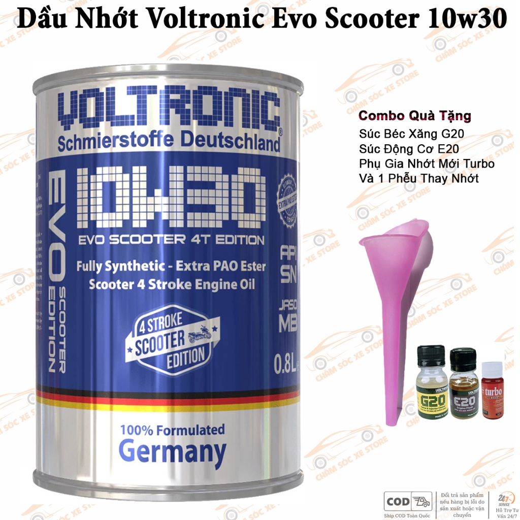 Dầu Nhớt Dành Cho Xe Tay Ga Voltronic Evo Tặng 1 Phễu, 1 Súc Động Cơ E20, 1 Vệ Sinh Kim Phun G20 Và 1 Turbo
