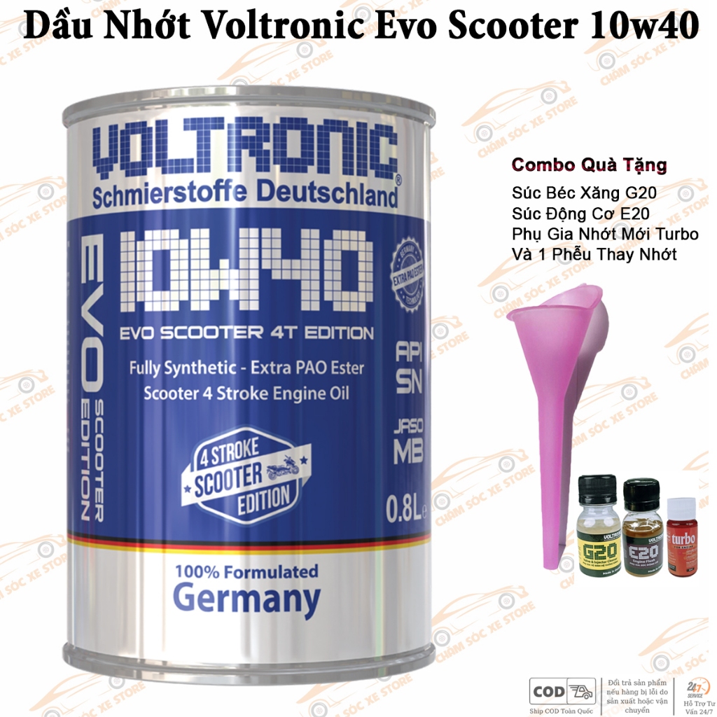 Dầu Nhớt Dành Cho Xe Tay Ga Voltronic Evo Tặng 1 Phễu, 1 Súc Động Cơ E20, 1 Vệ Sinh Kim Phun G20 Và 1 Turbo