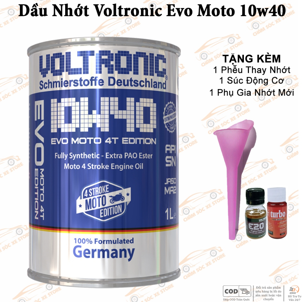 Dầu Nhớt Xe Số, Côn Tay Voltronic Evo Moto 10w40 Tặng Kèm 1 Phễu Và 1 Súc Động Cơ E20 Và 1 Turbo