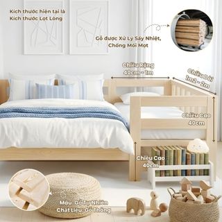 Giường Ngủ Cho Bé 3 Thanh Chắn Dọc dài 1m2 đến 2m – Giường Gỗ Thông Ghép Sát Giường Bố Mẹ An Toàn