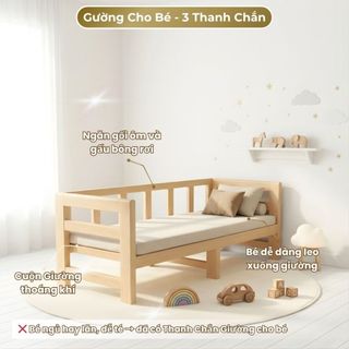 Giường Ngủ Cho Bé 3 Thanh Chắn Dọc dài 1m2 đến 2m – Giường Gỗ Thông Ghép Sát Giường Bố Mẹ An Toàn