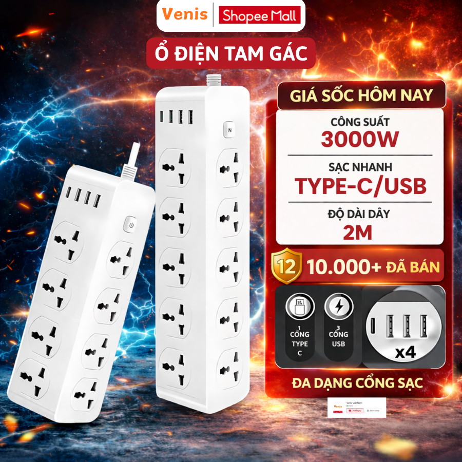 Ổ Cắm Điện Tam Giác 10 Lỗ, 3 USB + 1 Type C, Công Suất 3000W, Chống Giật An Toàn