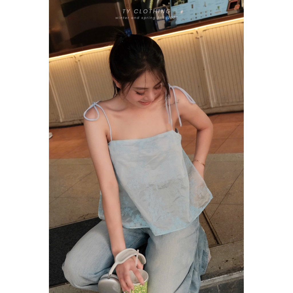 [ TY CLOTHING ] Áo nữ kiểu 2 dây cột, vải hoạ tiết kèm lớp lót lụa, Màu Be, Màu Xanh - Hàng Thiết Kế - TY CLOTHING