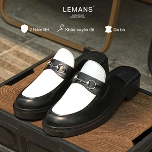 Giày Sục nam LEMANS Mules Loafer - Black White. Da bò Đế khuôn tăng cao 4cm. BH 24 tháng