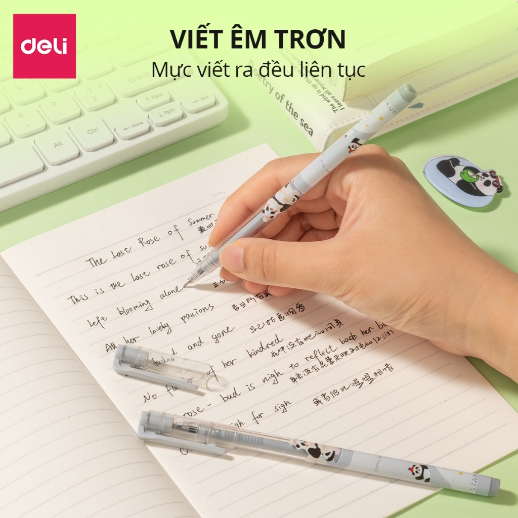 Hộp 12 bút bi nước học sinh mực gel xanh đen tím 0.5mm Deli nhanh khô có đệm tay viết đều trơn tru