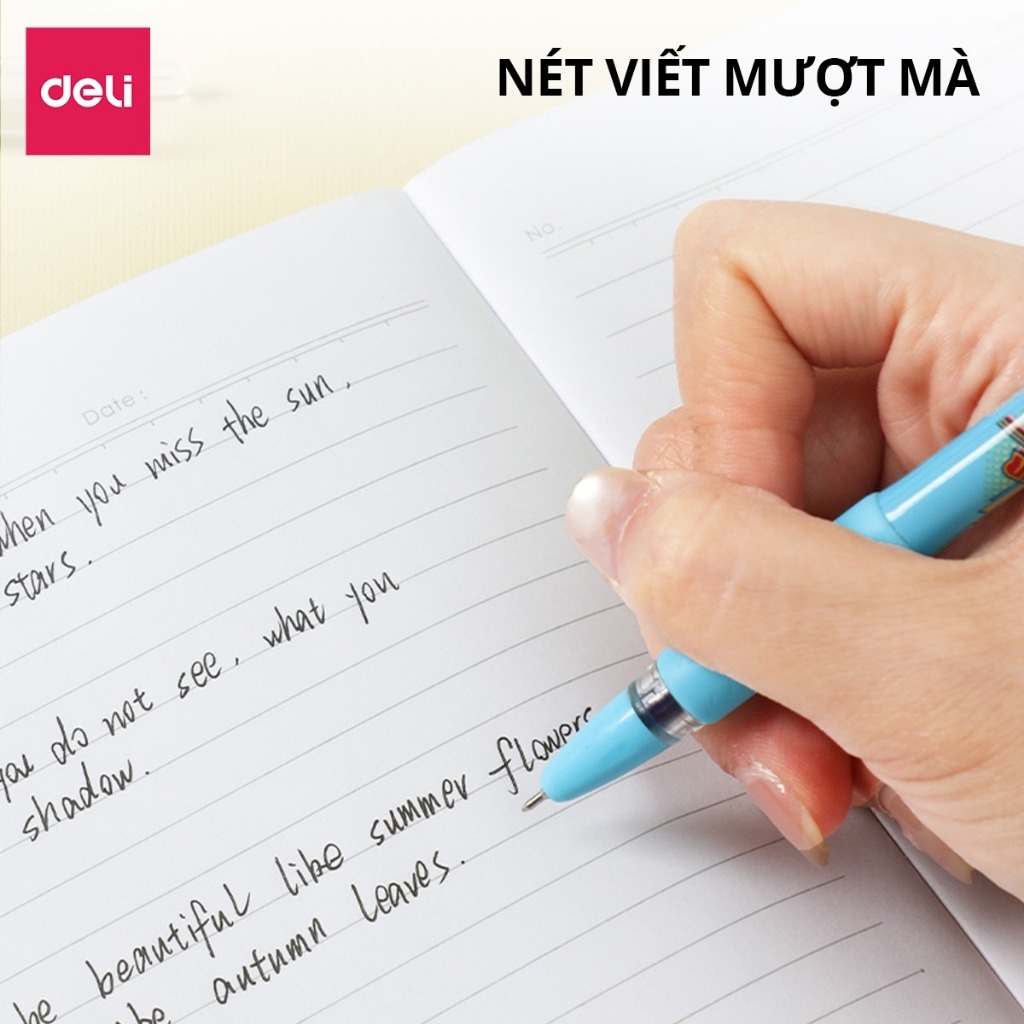 Hộp 12 bút bi nước học sinh mực gel xanh đen tím 0.5mm Deli nhanh khô có đệm tay viết đều trơn tru