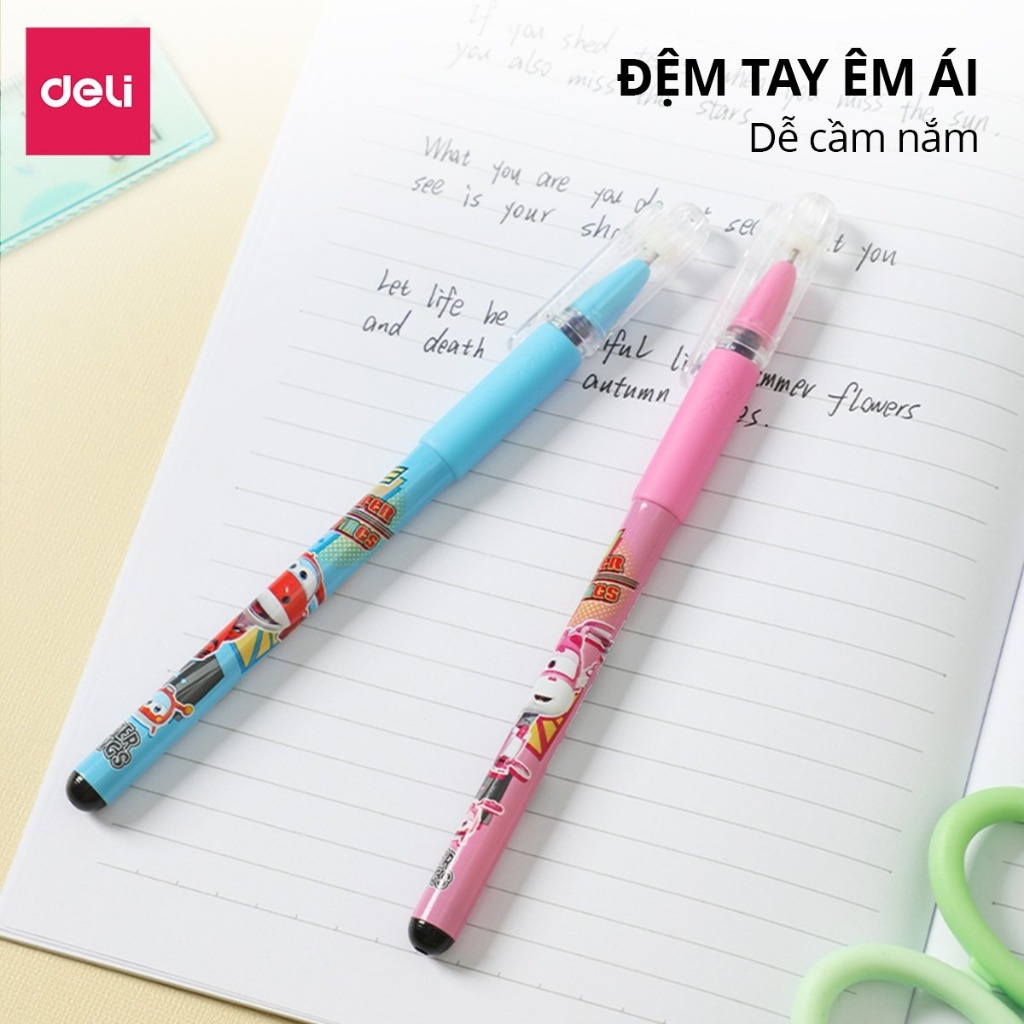 Hộp 12 bút bi nước học sinh mực gel xanh đen tím 0.5mm Deli nhanh khô có đệm tay viết đều trơn tru